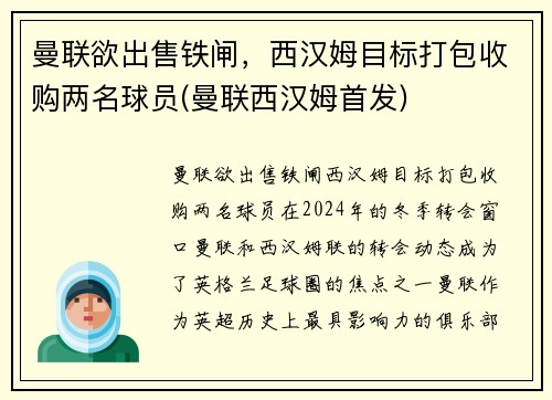 曼联欲出售铁闸，西汉姆目标打包收购两名球员(曼联西汉姆首发)