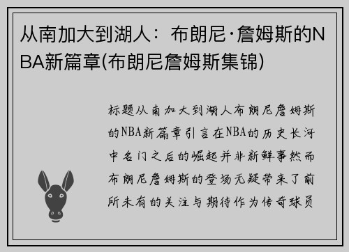 从南加大到湖人：布朗尼·詹姆斯的NBA新篇章(布朗尼詹姆斯集锦)