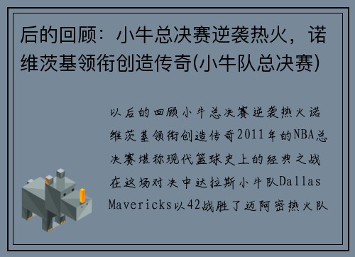 后的回顾：小牛总决赛逆袭热火，诺维茨基领衔创造传奇(小牛队总决赛)