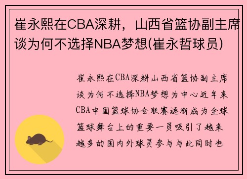 崔永熙在CBA深耕，山西省篮协副主席谈为何不选择NBA梦想(崔永哲球员)