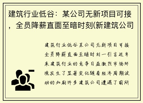 建筑行业低谷：某公司无新项目可接，全员降薪直面至暗时刻(新建筑公司没有业绩怎么办)
