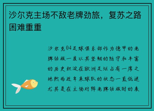 沙尔克主场不敌老牌劲旅，复苏之路困难重重