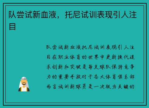 队尝试新血液，托尼试训表现引人注目